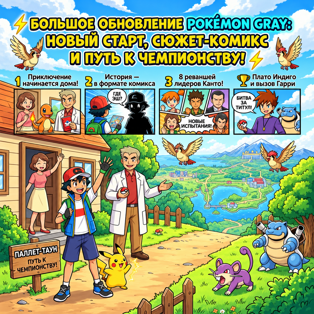 ⚡ Большое обновление Pokémon Gray: новый старт, сюжет-комикс и путь к чемпионству!